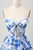 White Blue Floral A-line Strapless Ruffle Cut Out Graduation Dress with Bow