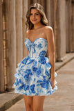 White Blue Floral Strapless A Line Corset Cut Out Graduation Dress with Bow