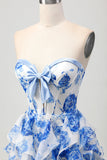 White Blue Floral A-line Strapless Ruffle Cut Out Graduation Dress with Bow