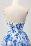 White Blue Floral A-line Strapless Ruffle Cut Out Graduation Dress with Bow