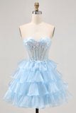 Tiered Sequin Blue Strapless Corset Graduation Dress