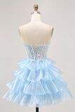 Tiered Sequin Blue Strapless Corset Graduation Dress