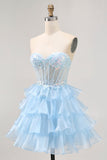 Tiered Sequin Blue Strapless Corset Graduation Dress