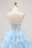 Tiered Sequin Blue Strapless Corset Graduation Dress