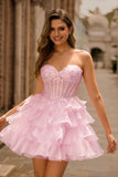 Tiered Sequin Blue Strapless Corset Graduation Dress