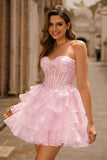 Tiered Sequin Blue Strapless Corset Graduation Dress
