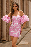 Strapless Floral Textured Pink Graduation Dress with Puff Sleeves