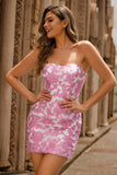 Strapless Floral Textured Pink Graduation Dress with Puff Sleeves