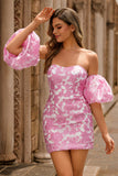 Strapless Floral Textured Pink Graduation Dress with Puff Sleeves