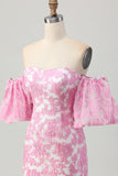 Pink Floral Off the Shoulder Graduation Dress with Detachable Sleeves