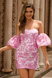 Strapless Floral Textured Pink Graduation Dress with Puff Sleeves