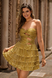 Metallic Golden Strapless Pleated Tiered Short Graduation Dress