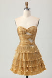 Metallic Golden Strapless Pleated Tiered Short Graduation Dress