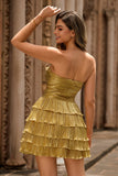 Metallic Golden Strapless Pleated Tiered Short Graduation Dress