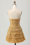Metallic Golden Strapless Pleated Tiered Short Graduation Dress