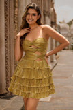 Metallic Golden Strapless Pleated Tiered Short Graduation Dress