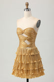 Metallic Golden Strapless Cut Out Pleated Tiered Short Graduation Dress