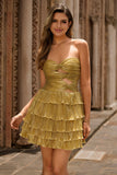 Metallic Golden Strapless Pleated Tiered Short Graduation Dress