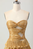 Metallic Golden Strapless Cut Out Pleated Tiered Short Graduation Dress