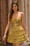 Metallic Golden Strapless Pleated Tiered Short Graduation Dress