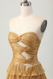 Metallic Golden Strapless Cut Out Pleated Tiered Short Graduation Dress