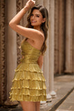 Metallic Golden Strapless Pleated Tiered Short Graduation Dress