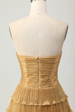 Metallic Golden Strapless Cut Out Pleated Tiered Short Graduation Dress