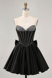Black A-Line Strapless Beaded Short Graduation Dress with Bow