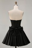 Black A-Line Strapless Beaded Short Graduation Dress with Bow