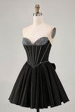 Black A-Line Strapless Beaded Short Graduation Dress with Bow