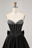 Black A-Line Strapless Beaded Short Graduation Dress with Bow