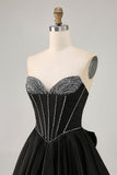 Black A-Line Strapless Beaded Short Graduation Dress with Bow