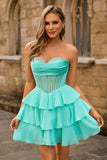 Strapless Corset A Line Green Graduation Dress with Beading