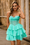 Strapless Corset A Line Green Graduation Dress with Beading