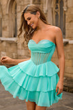Strapless Corset A Line Green Graduation Dress with Beading