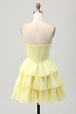 Yellow A-Line Strapless Tiered Corset Graduation Dress with Beading