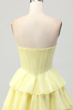 Yellow A-Line Strapless Tiered Corset Graduation Dress with Beading