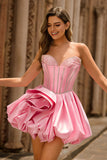 Pink Strapless A Line Corset Beaded Graduation Dress with Rhinestones
