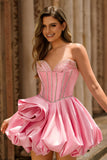 Pink Strapless A Line Corset Beaded Graduation Dress with Rhinestones