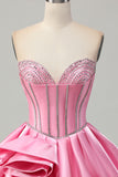 Pink Bodycon Sweetheart Satin Corset Graduation Dress with Rhinestones
