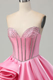 Pink Bodycon Sweetheart Satin Corset Graduation Dress with Rhinestones