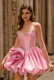 Pink Strapless A Line Corset Beaded Graduation Dress with Rhinestones