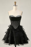 Black Strapless Corset Tiered A Line Short Graduation Dress with Beading
