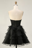 Black Strapless Corset Tiered A Line Short Graduation Dress with Beading
