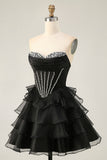 Black Strapless Corset Tiered A Line Short Graduation Dress with Beading