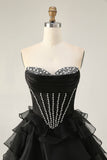 Black Strapless Corset Tiered A Line Short Graduation Dress with Beading