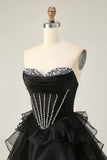 Black Strapless Corset Tiered A Line Short Graduation Dress with Beading