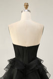Black Strapless Corset Tiered A Line Short Graduation Dress with Beading