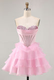 Tiered Beaded A Line Strapless Short Pink Graduation Dress
