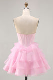 Tiered Beaded A Line Strapless Short Pink Graduation Dress